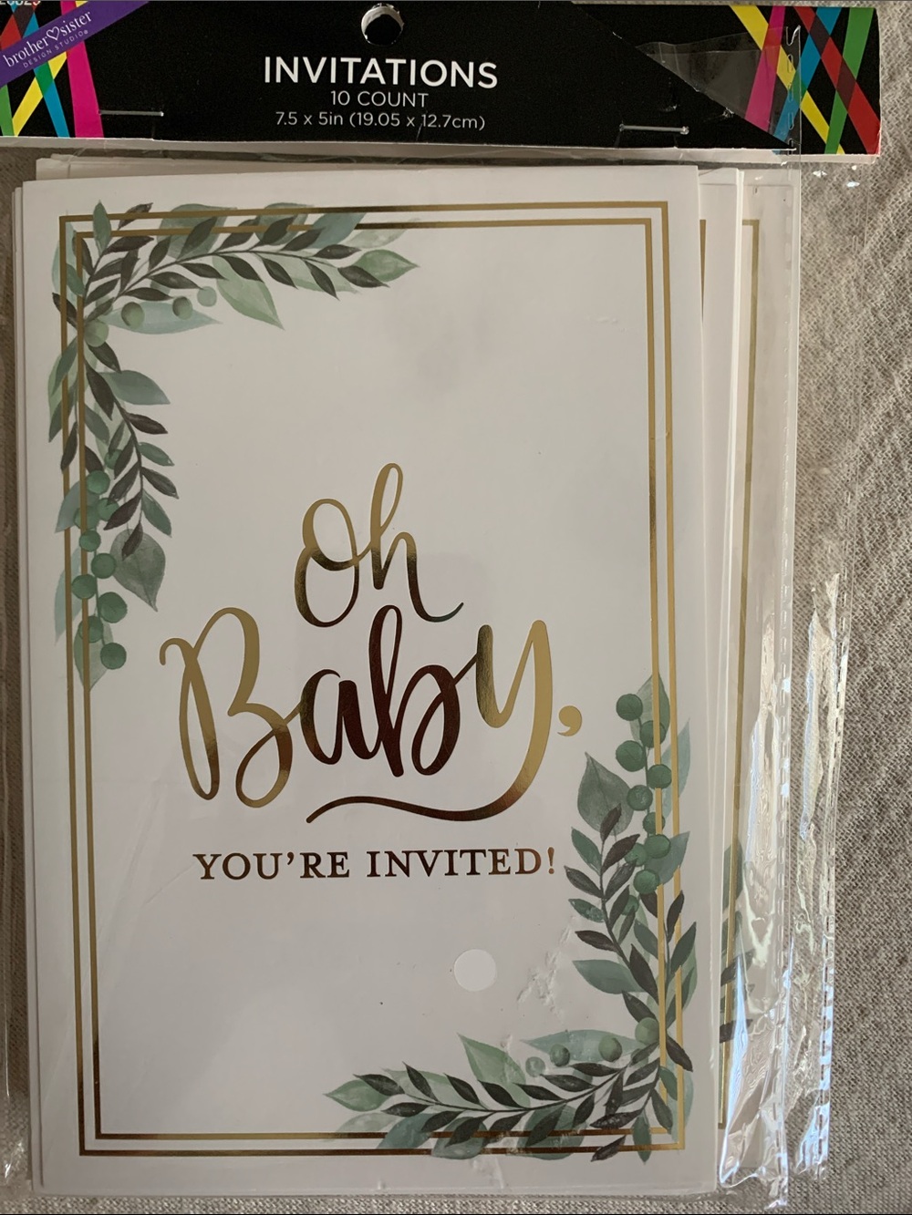 Beautiful Leaf Nature Green & Gold Baby Shower Invitations, 2 packs of 10 NEW!